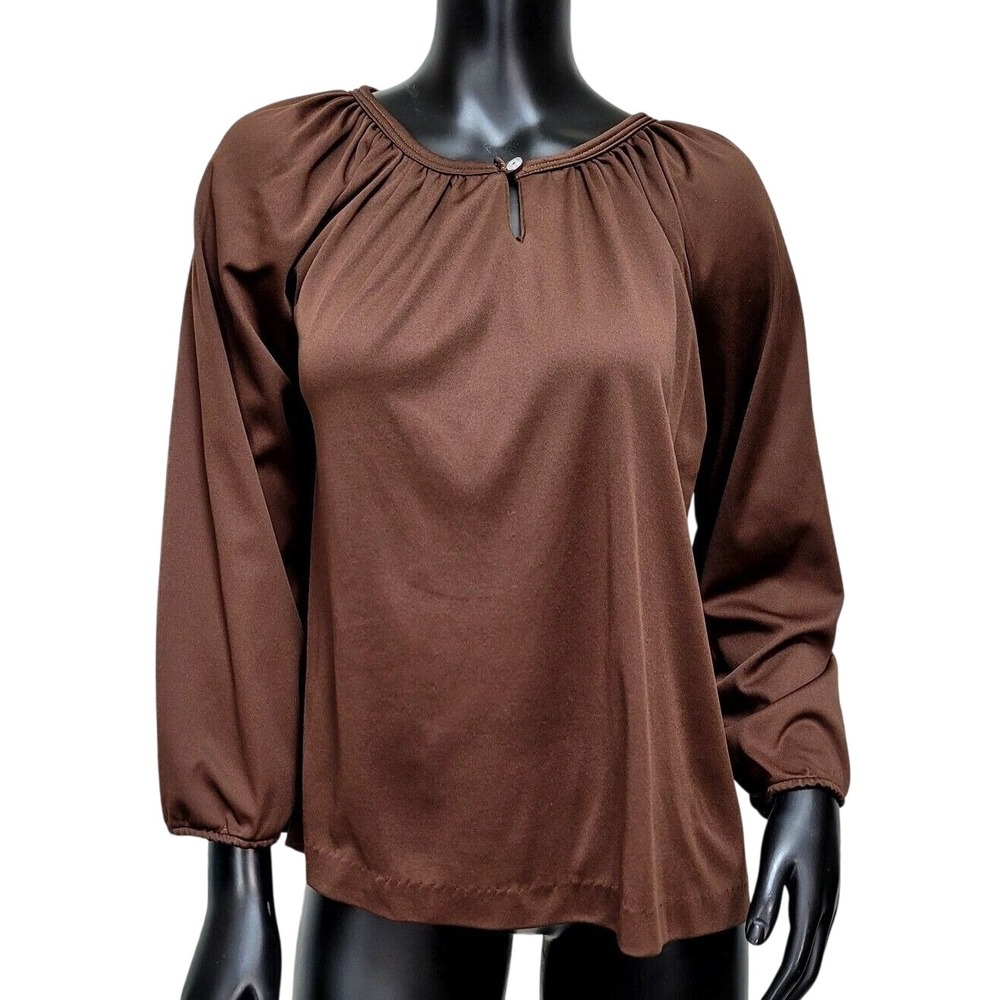 Vintage 70s Brown Polyester Blouse Womens‎ M Bell Sleeve Disco Keyhole Neckline